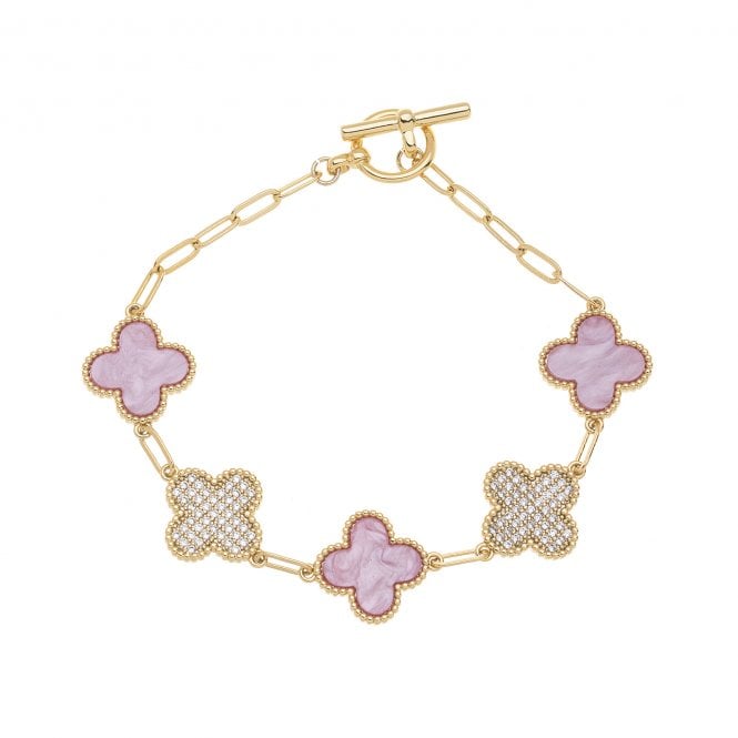 Clover Gold Plated Cubic Zirconia Bracelet - Pink B1072