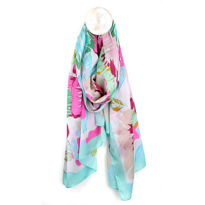 TURQUOISE/SHOCK PINK TROPICAL FLORAL SUMMER SILK FEEL SCARF