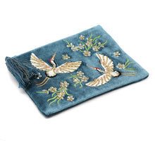 Load image into Gallery viewer, MID-BLUE CRANE EMBROIDERED VELVET PURSE/POUCH
