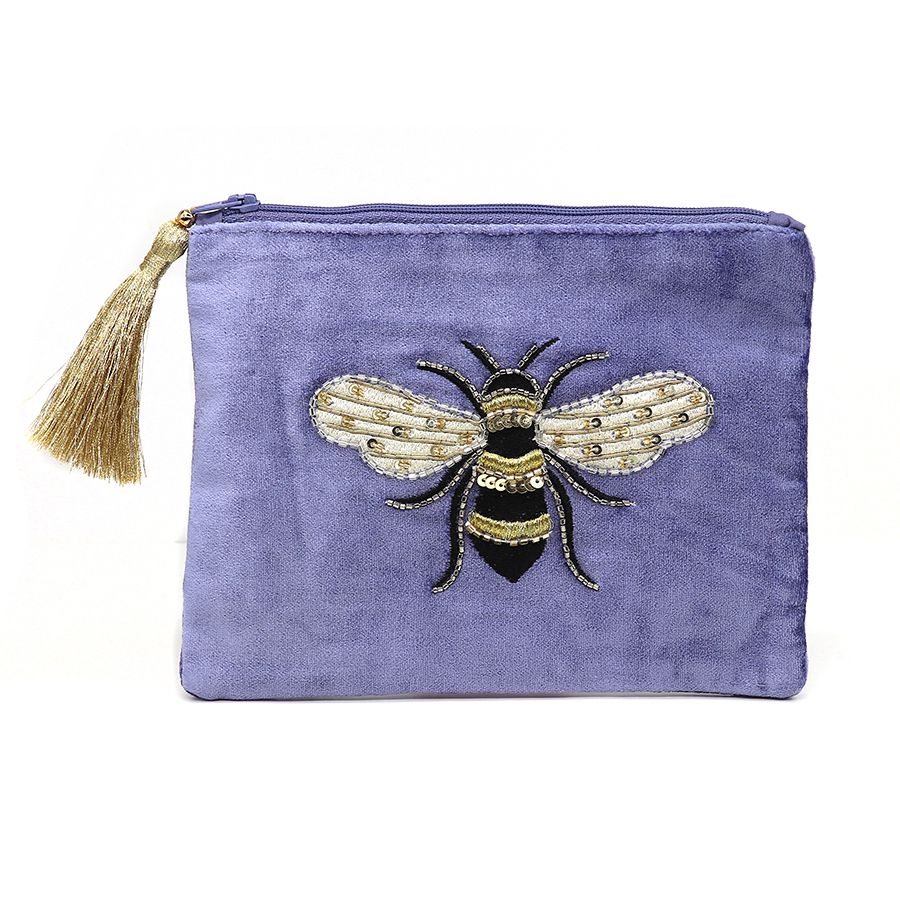 CORNFLOWER VELVET BLUE EMBROIDERED AND BEADED BEE PURSE WITH ZIP TASSEL