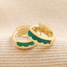 Load image into Gallery viewer, Green Enamel Scalloped Huggie Hoop Earrings in Gold