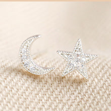 Load image into Gallery viewer, CZ Stone Moon and Star Silver Earrings