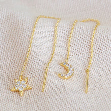 Load image into Gallery viewer, Thread Through Moon and Star Chain Earrings in Gold