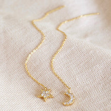 Load image into Gallery viewer, Thread Through Moon and Star Chain Earrings in Gold