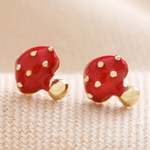 Load image into Gallery viewer, Red Enamel Mushroom Stud Earrings in Gold