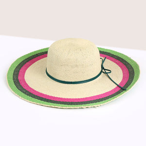 CREAM WIDE BRIM SUN HAT WITH GREEN AND PINK BORDER