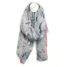 Load image into Gallery viewer, PALE BLUE/GREY BUTTERFLIES PRINT REPREVE SCARF WITH PINK BORDER
