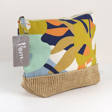 Load image into Gallery viewer, BLUE/MUSTARD MULTI MIX TROPICAL FLORAL CANVAS ZIP TRAVEL BAG/POUCH WITH JUTE BASE
