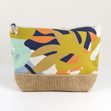Load image into Gallery viewer, BLUE/MUSTARD MULTI MIX TROPICAL FLORAL CANVAS ZIP TRAVEL BAG/POUCH WITH JUTE BASE
