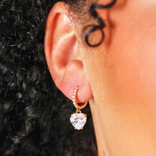 Load image into Gallery viewer, Crystal Heart Huggie Hoop Earrings in Gold