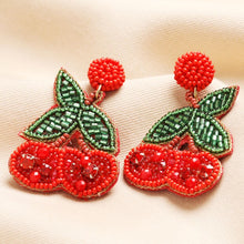 Load image into Gallery viewer, Beaded Red Cherry Drop Earrings
