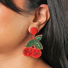 Load image into Gallery viewer, Beaded Red Cherry Drop Earrings