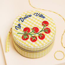 Load image into Gallery viewer, Yellow Gingham and Tomato Embroidery Round Travel Jewellery Case