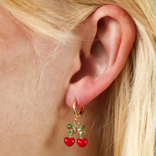 Load image into Gallery viewer, Enamel Cherry Bow Huggie Hoop Earrings in Gold