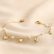 Load image into Gallery viewer, Bee, Pearl, Butterfly and Heart Charm Bracelet in Gold