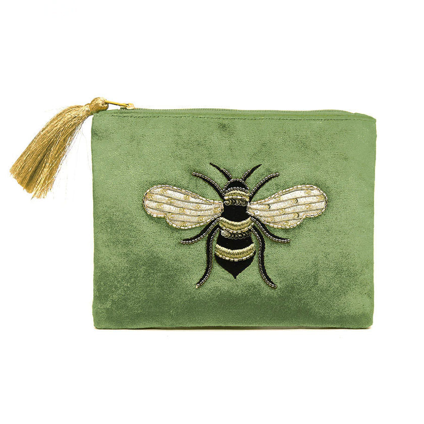 GREEN EMBROIDERED AND BEADED BEE FLAT VELVET PURSE WITH ZIP TASSEL