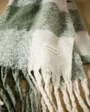 Load image into Gallery viewer, RECYCLED CHECKED TASSEL SCARF Graphite Green/ Off White 200cm x 45cm
