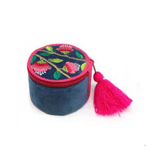 Load image into Gallery viewer, ZIPPED ROUND DUSKY TEAL PINK FLORAL MEADOW EMBROIDERED VELVET JEWELLERY BOX
