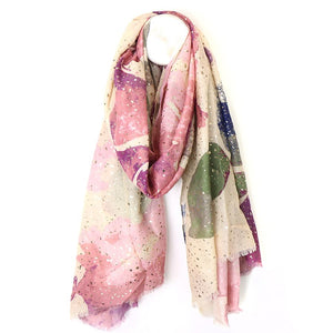 DUSKY BLUSH MIX RECYCLED POLYESTER WATERCOLOUR FLORAL AND FOIL PRINT SCARF