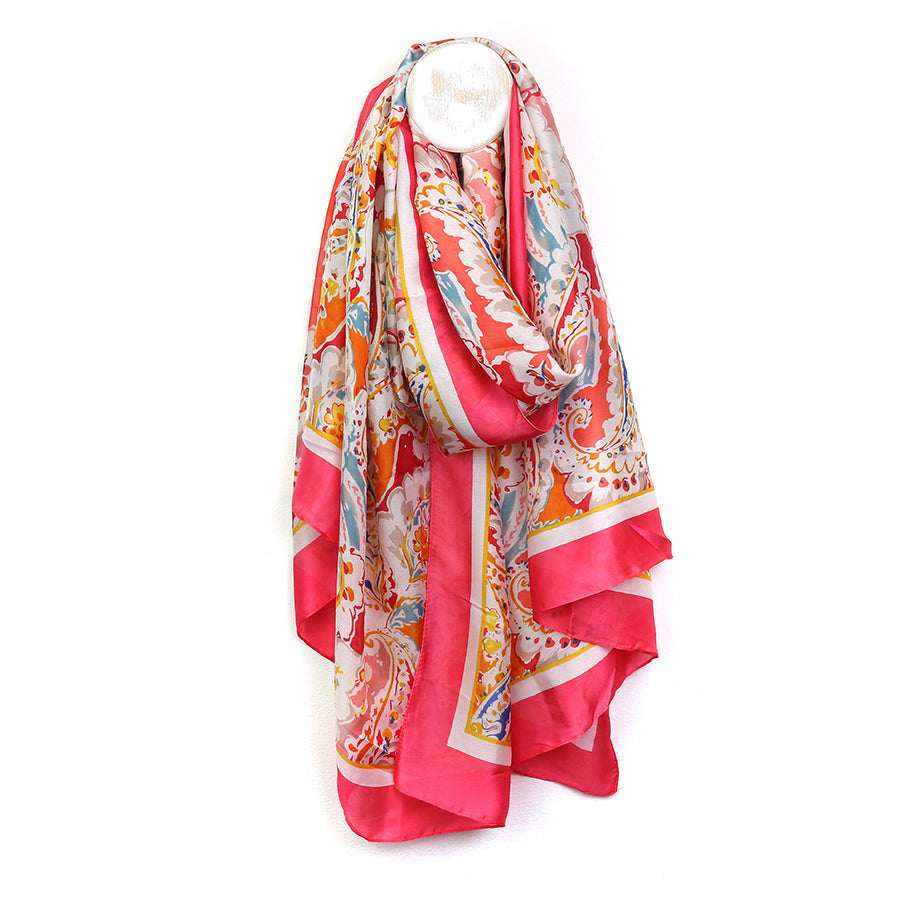 BRIGHT PINK MIX PAISLEY FLORAL PRINT SILK FEEL SCARF WITH PINK BORDER
