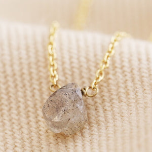 Semi-Precious Grey Labradorite Stone Teardrop Pendant Necklace in Gold