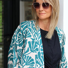 Load image into Gallery viewer, TEAL PINK SILHOUETTE PRINT MODAL KIMONO
