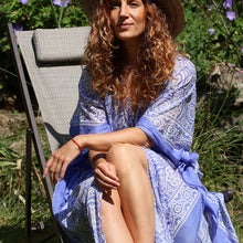 Load image into Gallery viewer, COBALT BLUE PAISLEY FLORAL PRINT ORGANIC COTTON LONG BEACH COVER UP KAFTAN WITH WAIST TIE
