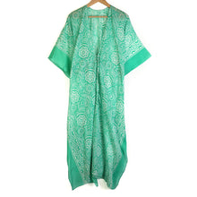 Load image into Gallery viewer, MINT GREEN PAISLEY FLORAL PRINT ORGANIC COTTON LONG BEACH COVER UP KAFTAN WITH WAIST TIE
