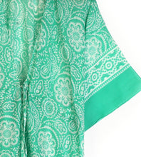 Load image into Gallery viewer, MINT GREEN PAISLEY FLORAL PRINT ORGANIC COTTON LONG BEACH COVER UP KAFTAN WITH WAIST TIE
