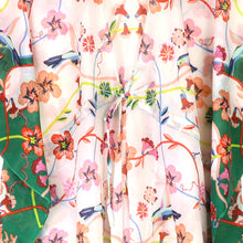 Load image into Gallery viewer, GREEN WHITE MULTI FLORAL ORGANIC COTTON LONG BEACH COVER UP KAFTAN WITH WAIST TIE
