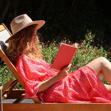 Load image into Gallery viewer, RED PINK VINE SILHOUETTE ORGANIC COTTON LONG BEACH COVER UP KAFTAN WITH WAIST TIE
