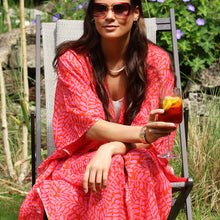 Load image into Gallery viewer, RED PINK VINE SILHOUETTE ORGANIC COTTON LONG BEACH COVER UP KAFTAN WITH WAIST TIE
