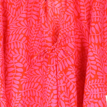 Load image into Gallery viewer, RED PINK VINE SILHOUETTE ORGANIC COTTON LONG BEACH COVER UP KAFTAN WITH WAIST TIE
