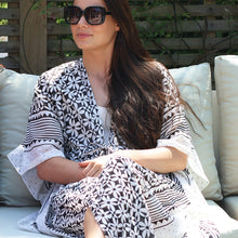 Load image into Gallery viewer, BLACK OFF WHITE GRAPHIC FLOWER REPEAT &amp; STRIPE BORDER LONG BEACH COVER UP KAFTAN WITH WAIST TIE
