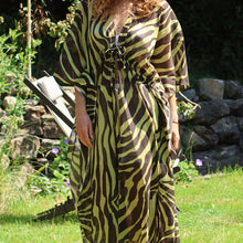 Load image into Gallery viewer, LIME BLACK ZEBRA PRINT ORGANIC COTTON LONG BEACH COVER UP KAFTAN WITH WAIST TIE
