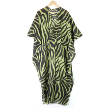 Load image into Gallery viewer, LIME BLACK ZEBRA PRINT ORGANIC COTTON LONG BEACH COVER UP KAFTAN WITH WAIST TIE
