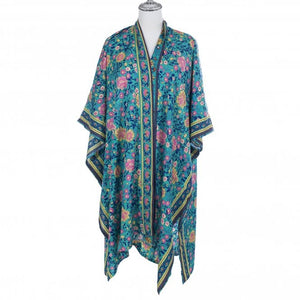 Turquoise with Yellow and Pink Flowers Kimono