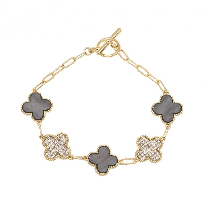 Clover Gold Plated Cubic Zirconia  - Charchoal Grey B1074