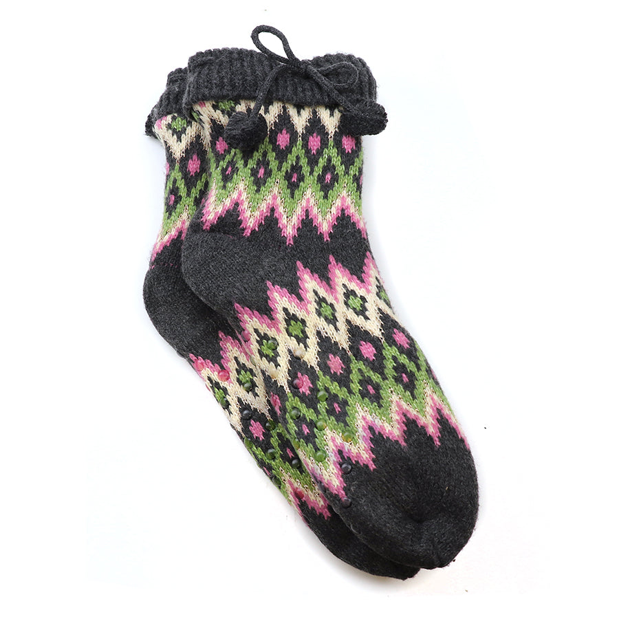 CHARCOAL  GREEN DIAMOND KNIT RECYCLED BLEND COSY LINED SLIPPER SOCKS