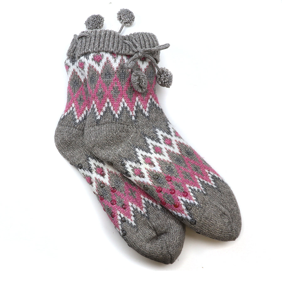 GREY  PINK DIAMOND KNIT RECYCLED BLEND COSY LINED SLIPPER SOCKS