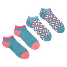Load image into Gallery viewer, TURQUOISE PINK RETRO FLORAL 2 PAIR PACK TRAINER SOCKS
