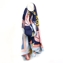 Load image into Gallery viewer, MUTED PINK/BLUE ON NAVY BASE TROPICAL PARADISE PRINT SILK FEEL SCARF
