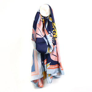 MUTED PINK/BLUE ON NAVY BASE TROPICAL PARADISE PRINT SILK FEEL SCARF
