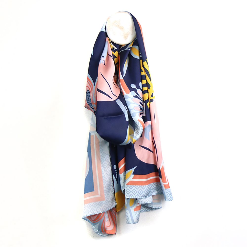 MUTED PINK/BLUE ON NAVY BASE TROPICAL PARADISE PRINT SILK FEEL SCARF