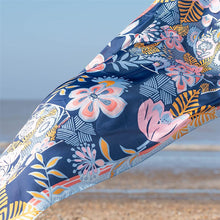 Load image into Gallery viewer, MUTED PINK/BLUE ON NAVY BASE TROPICAL PARADISE PRINT SILK FEEL SCARF
