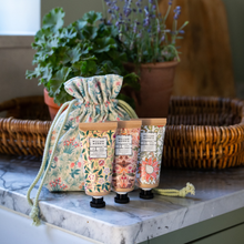 Load image into Gallery viewer, WMAH KITCHEN GARDEN-Three Hand Essentials (Hnd Repair Crm 50ml, Hand Scr 50ml &amp; Hand Wash 50ml in Linen Pouch)
