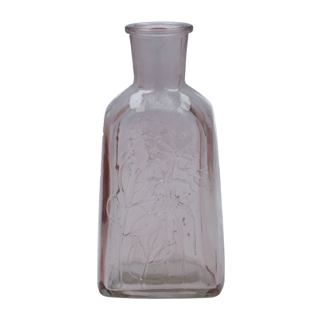 Glass Vase - 19cm Pink Bottle with Meadow Design