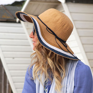 WIDE BRIMMED STRAW HAT WITH NAVY AND WHITE STRIPES