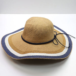 WIDE BRIMMED STRAW HAT WITH NAVY AND WHITE STRIPES
