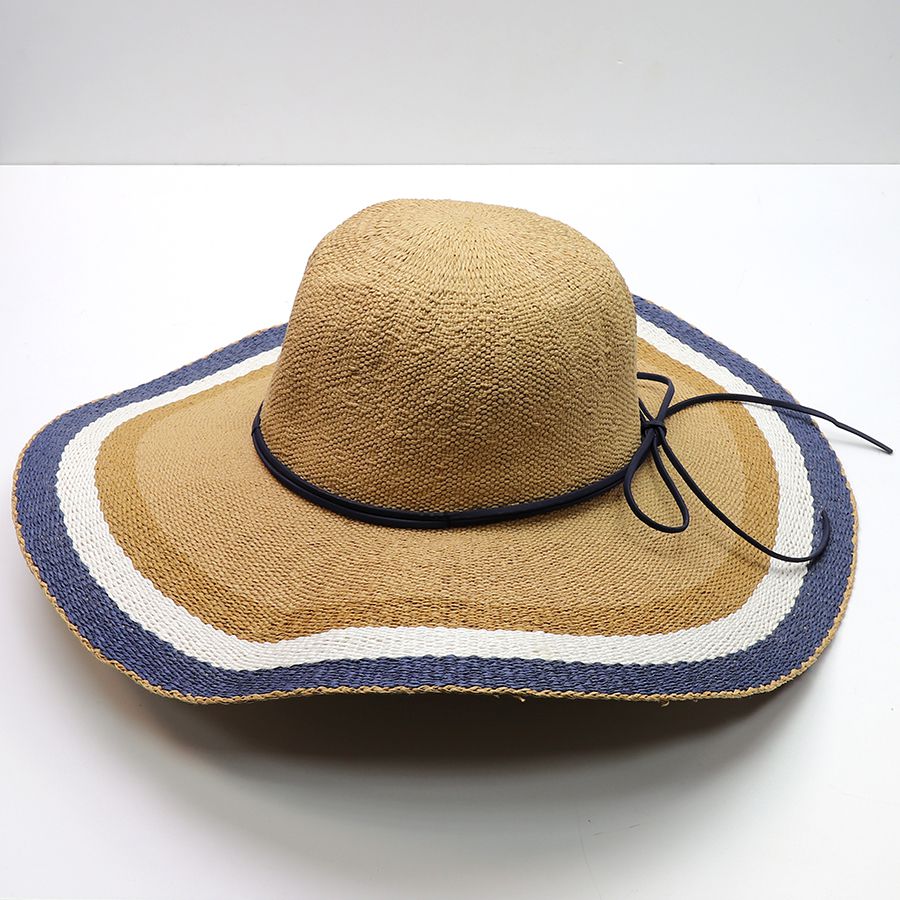 WIDE BRIMMED STRAW HAT WITH NAVY AND WHITE STRIPES